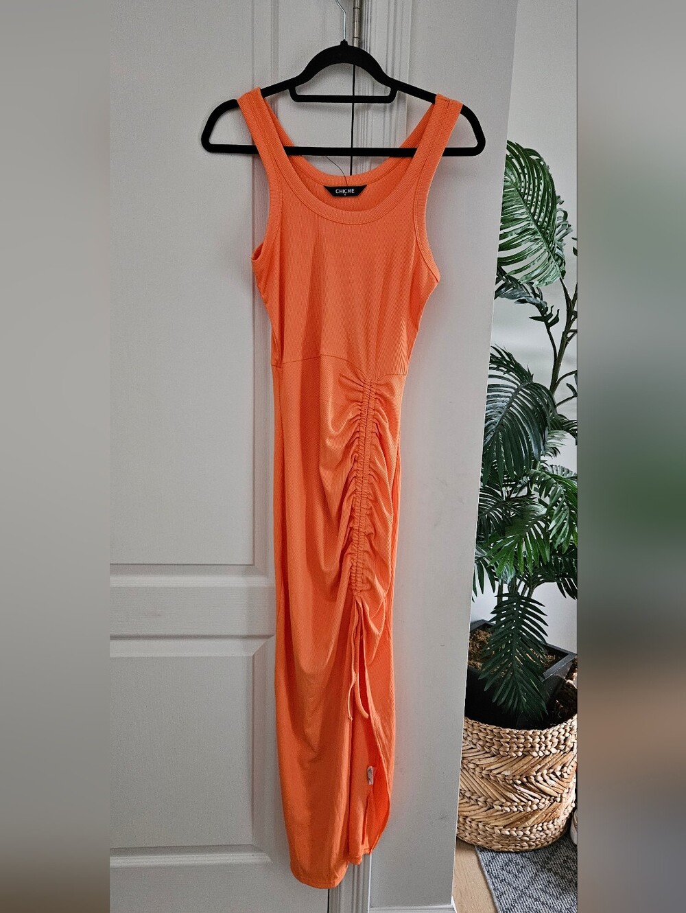 chic Me Vibrant Orange Sleeveless Ruched Maxi Dress